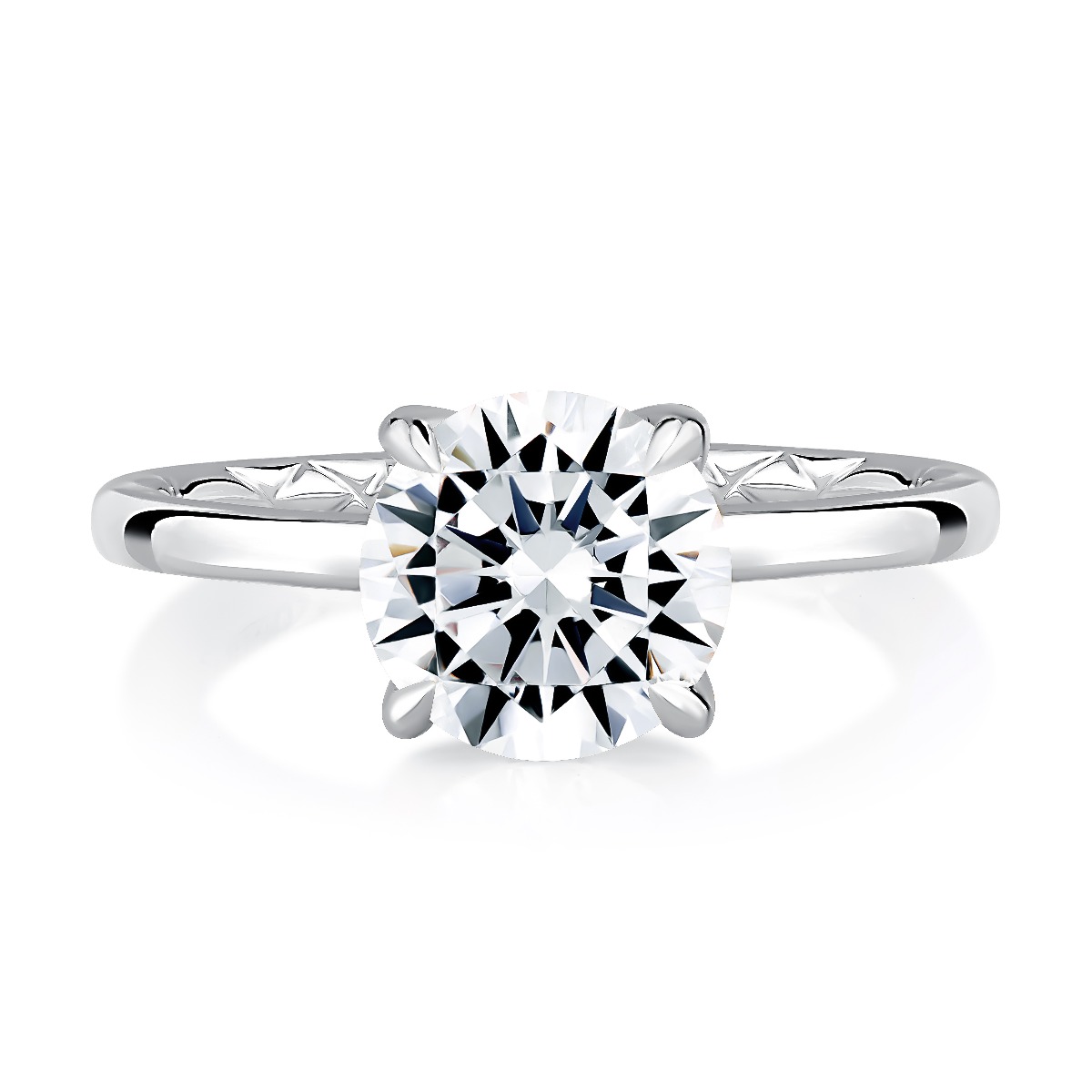 Classic Round Solitaire Diamond Engagement Ring with Quilts™ Band and Hidden Diamond Accents