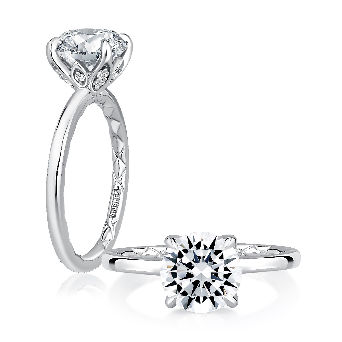 Classic Round Solitaire Diamond Engagement Ring with Quilts™ Band and Hidden Diamond Accents