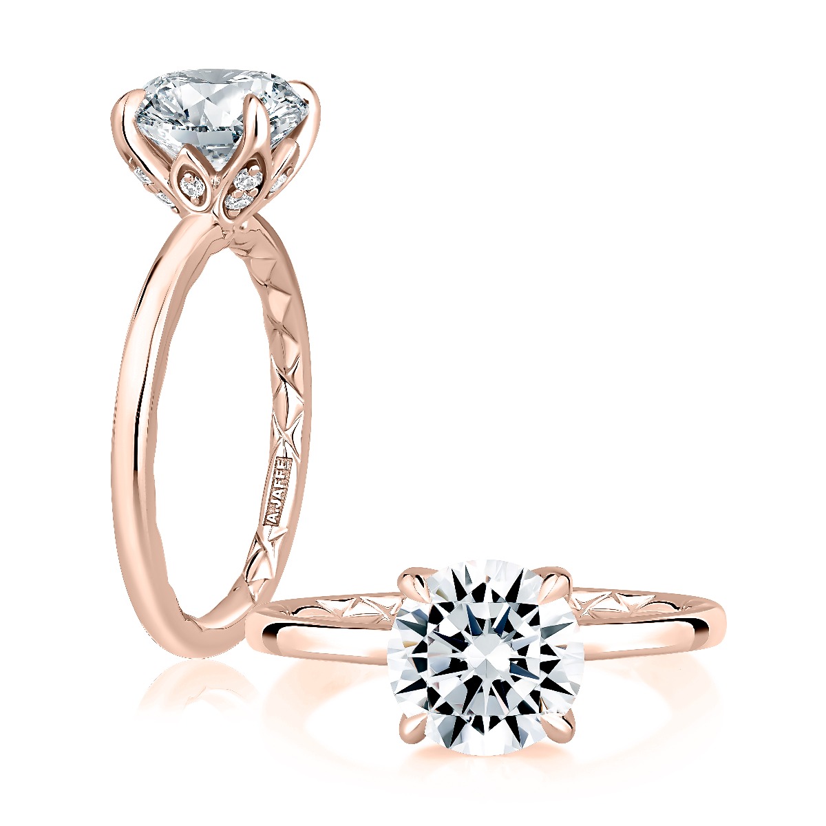 Classic Round Solitaire Diamond Engagement Ring with Quilts™ Band and Hidden Diamond Accents