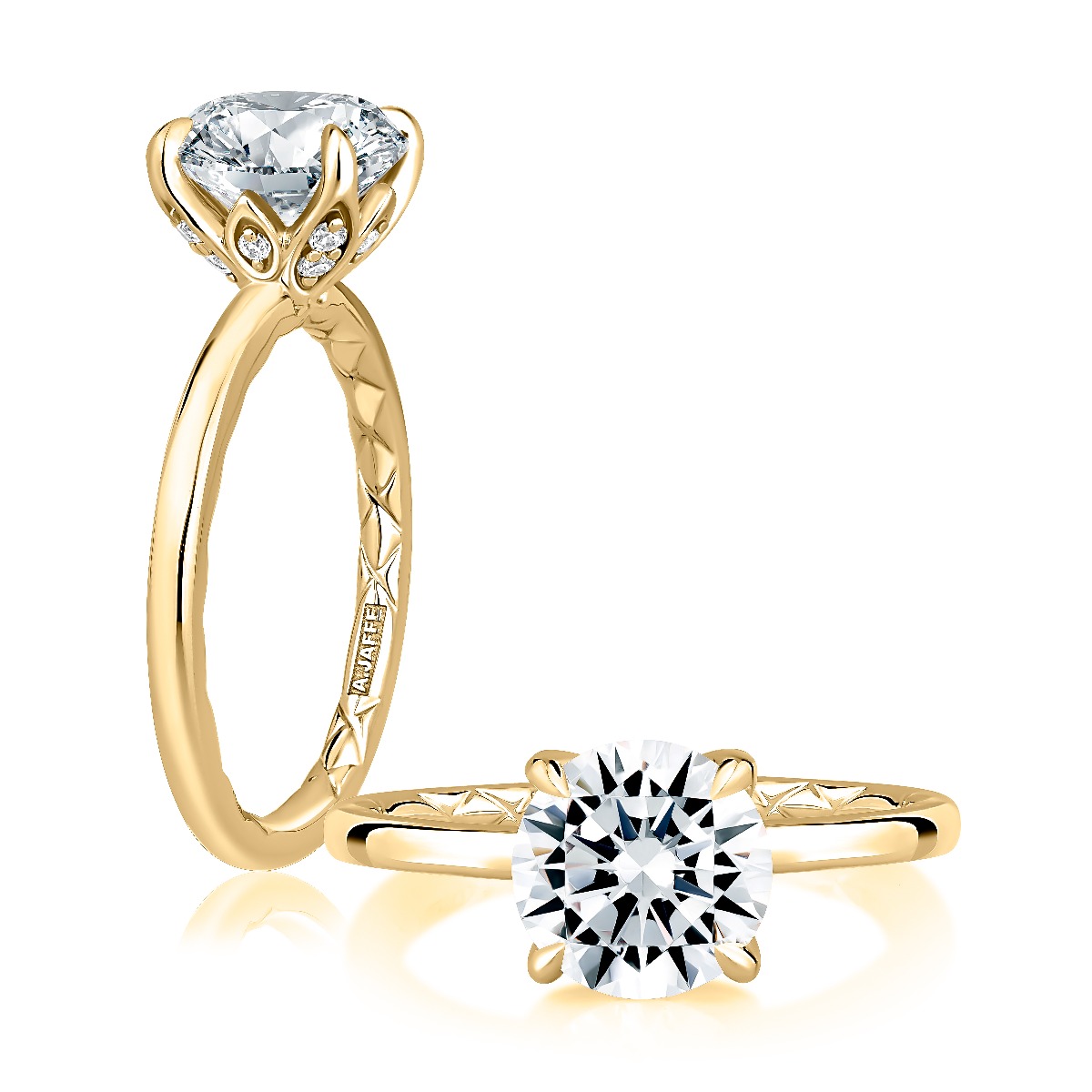 Classic Round Solitaire Diamond Engagement Ring with Quilts™ Band and Hidden Diamond Accents