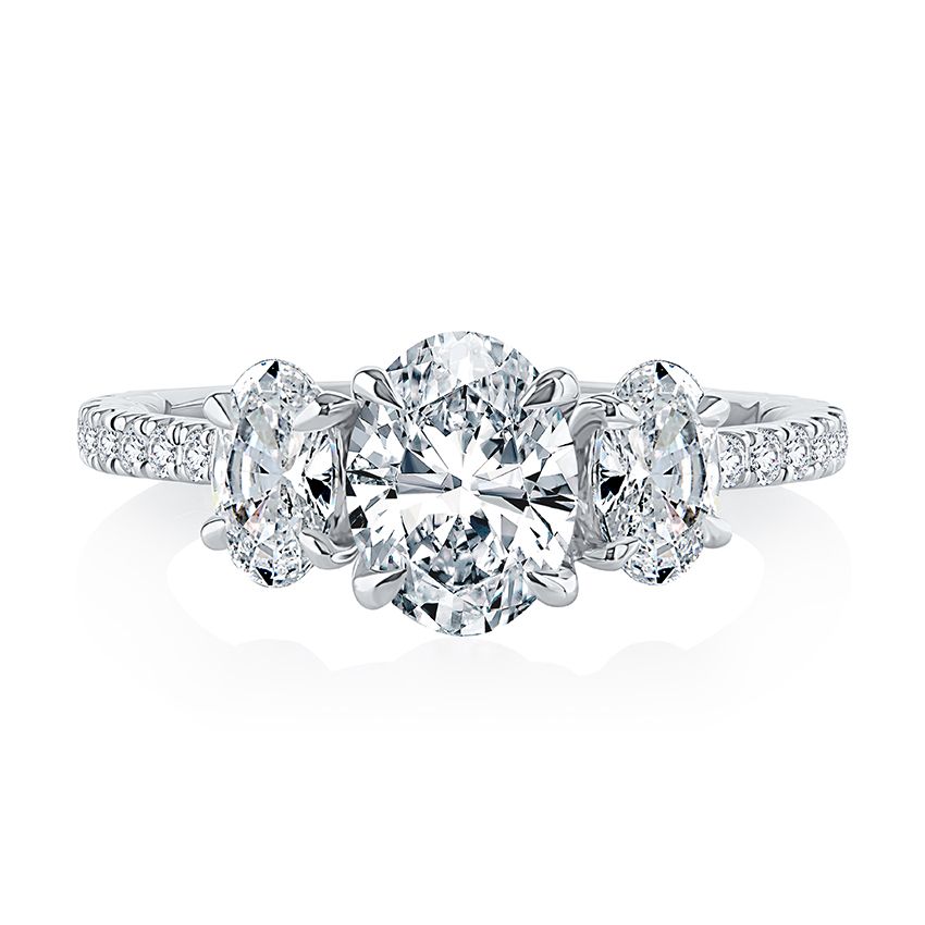 Three Stone Oval Cut Engagement RIng With Peek A Boo Diamond Profile And Quilts™ Interior