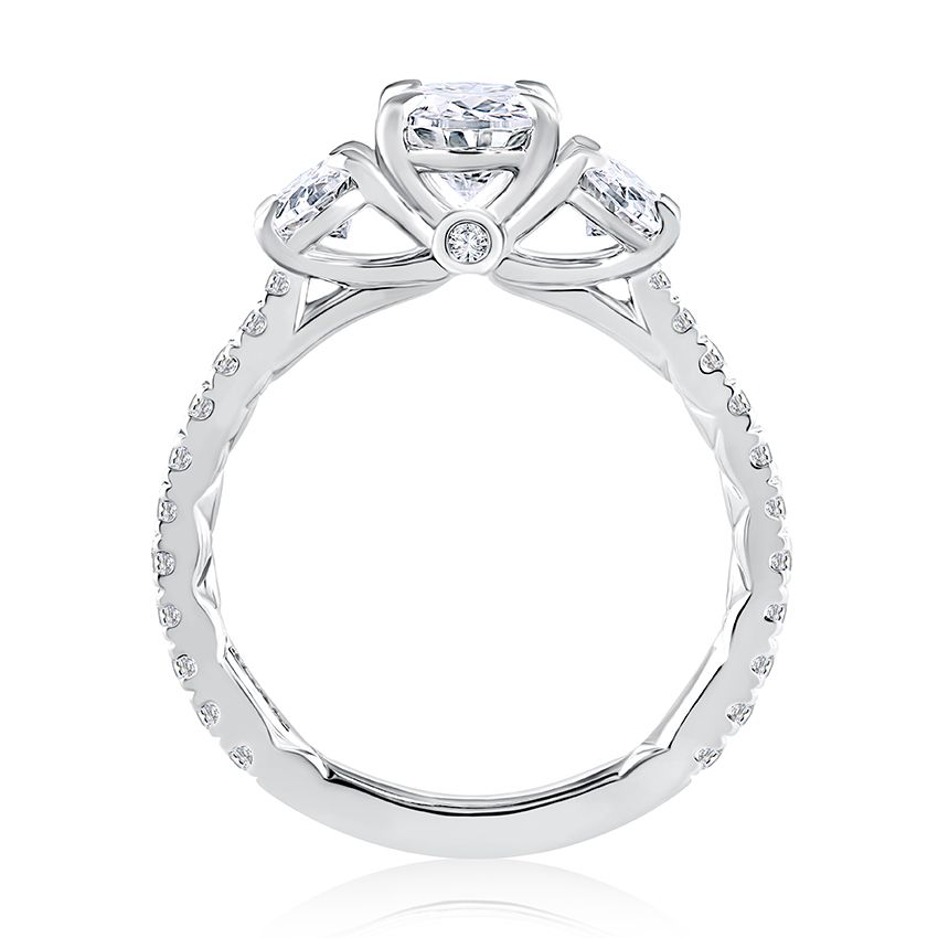 Three Stone Oval Cut Engagement RIng With Peek A Boo Diamond Profile And Quilts™ Interior