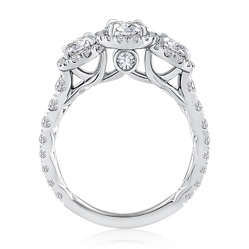 Three Stone Oval Halo Diamond Engagement Ring with Pave Band and Quilted Interior