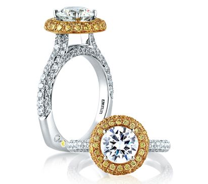 Pave Yellow Diamond Halo Signature Shank Engagement Ring