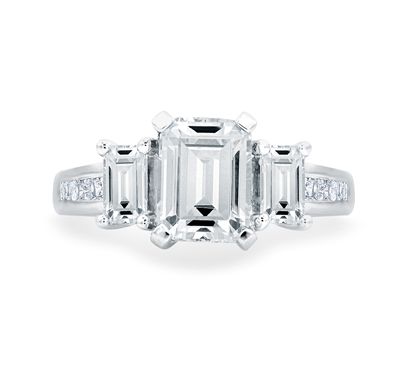 Classic Emerald Three stone Prong Set Engagement Ring