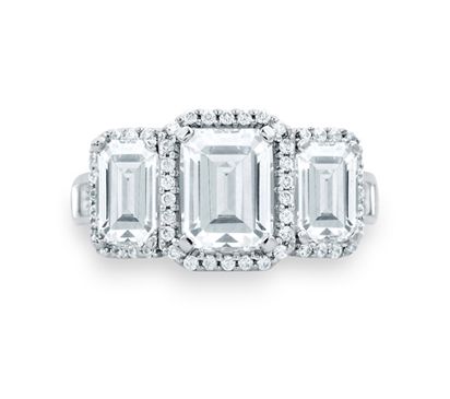 Classic Three Stone Emerald Cut Halo Engagement Ring