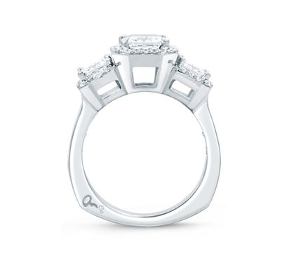 Classic Three Stone Emerald Cut Halo Engagement Ring