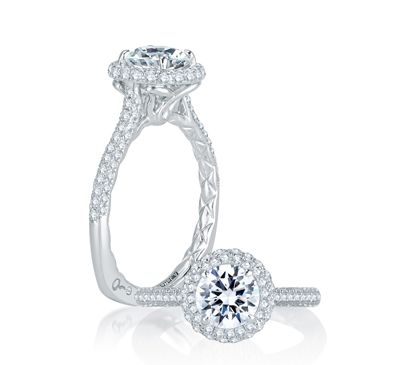 Micro Pave Halo Round Diamond Center Quilted Engagement Ring