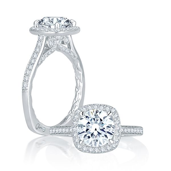 Intricate Channel Set with Milgrain Detail Cushion Halo Quilted Engagement Ring