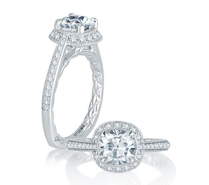 Stunning Four Prong Halo Cushion Cut Diamond Quilted Engagement Ring