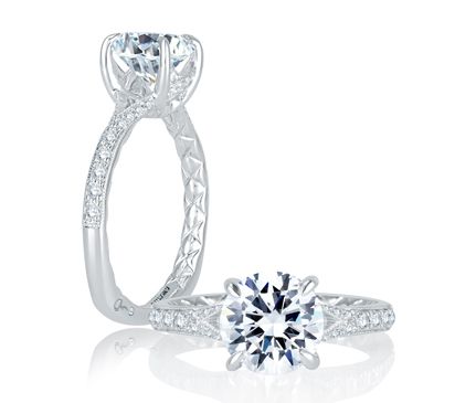 Unique Floral Split Shank Four Prong Round Diamond Quilted Engagement Ring