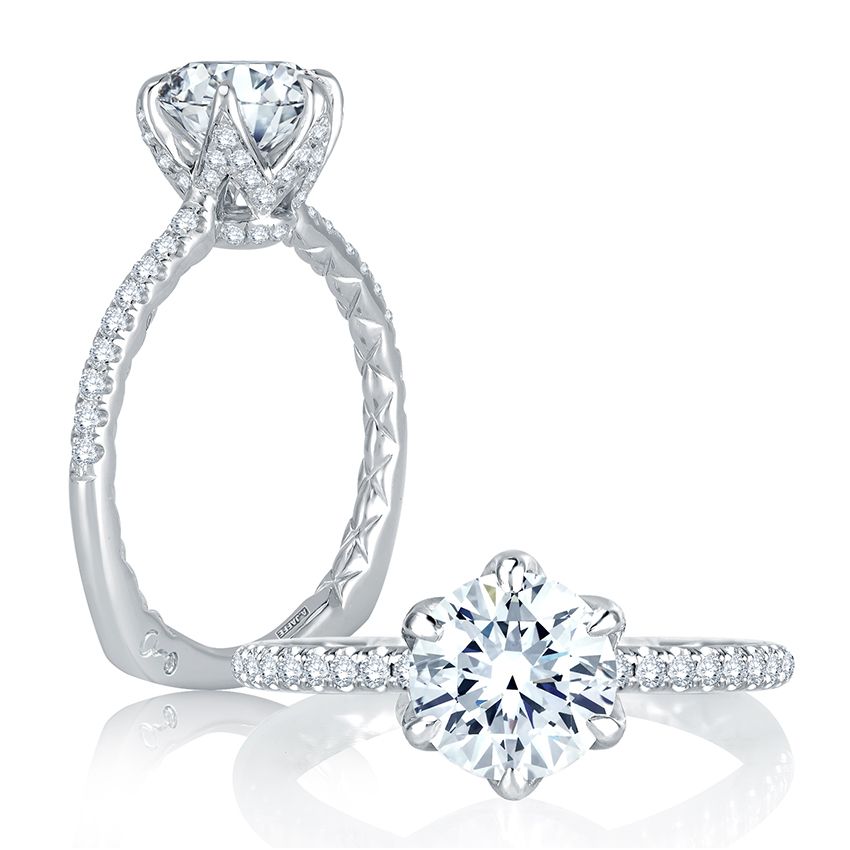 Floral Inspired Six Prong Halo Round Diamond Quilted Engagement Ring