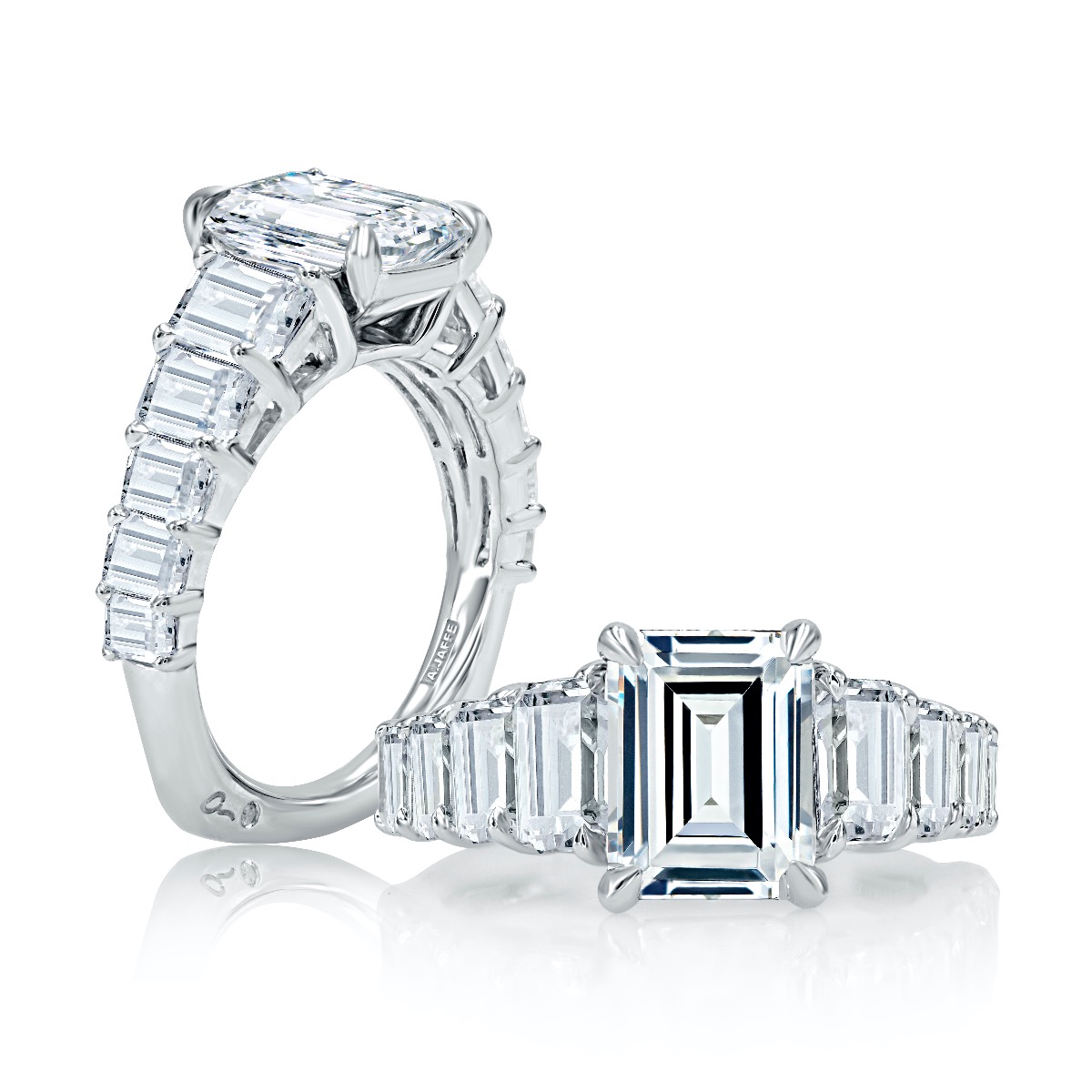 Emerald Cut Diamond Flanked Engagement Ring with Signature Shank