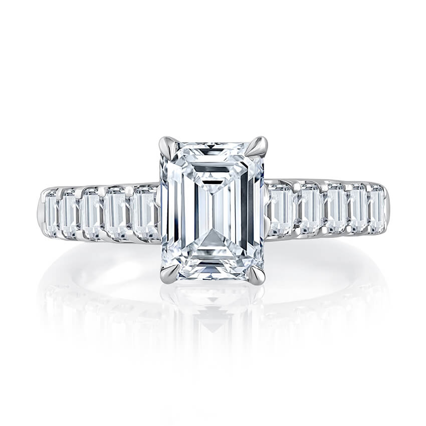 Emerald Cut Diamond Flanked Engagement Ring with Signature Shank	s