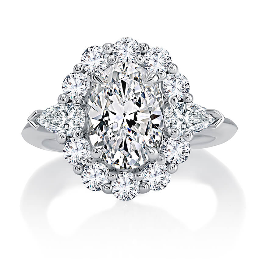 Three Stone Scallop Halo Diamond Engagement Ring