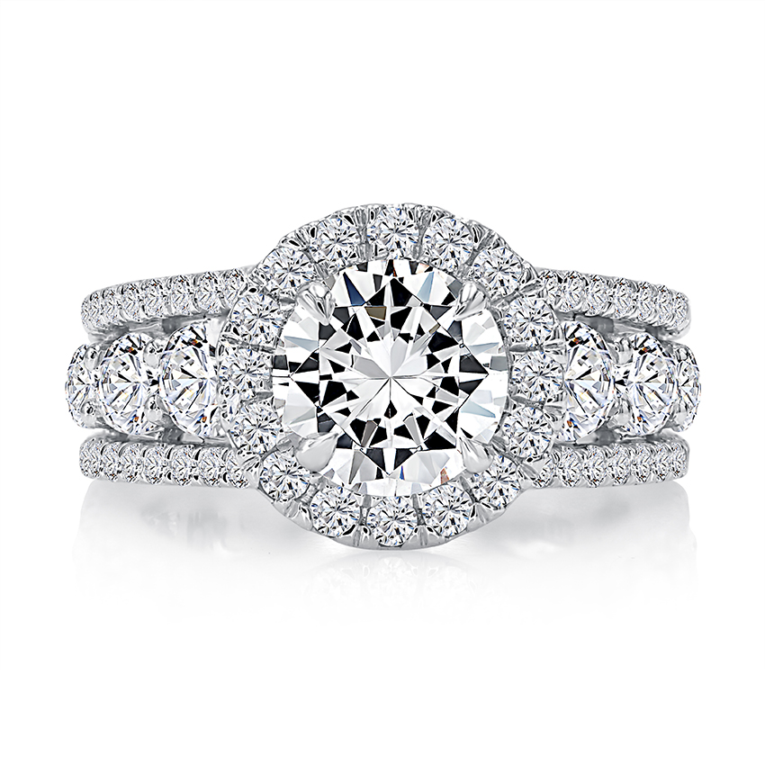 Modern Triple Row Round Halo Diamond Engagement Ring with Signature Shank