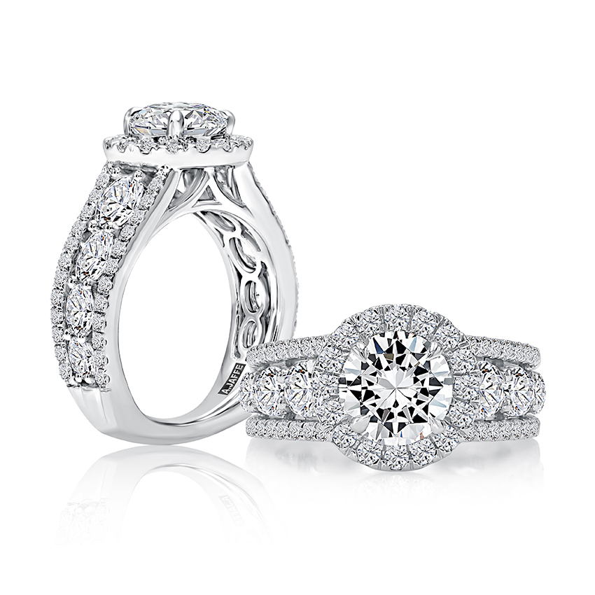 Modern Triple Row Round Halo Diamond Engagement Ring with Signature Shank