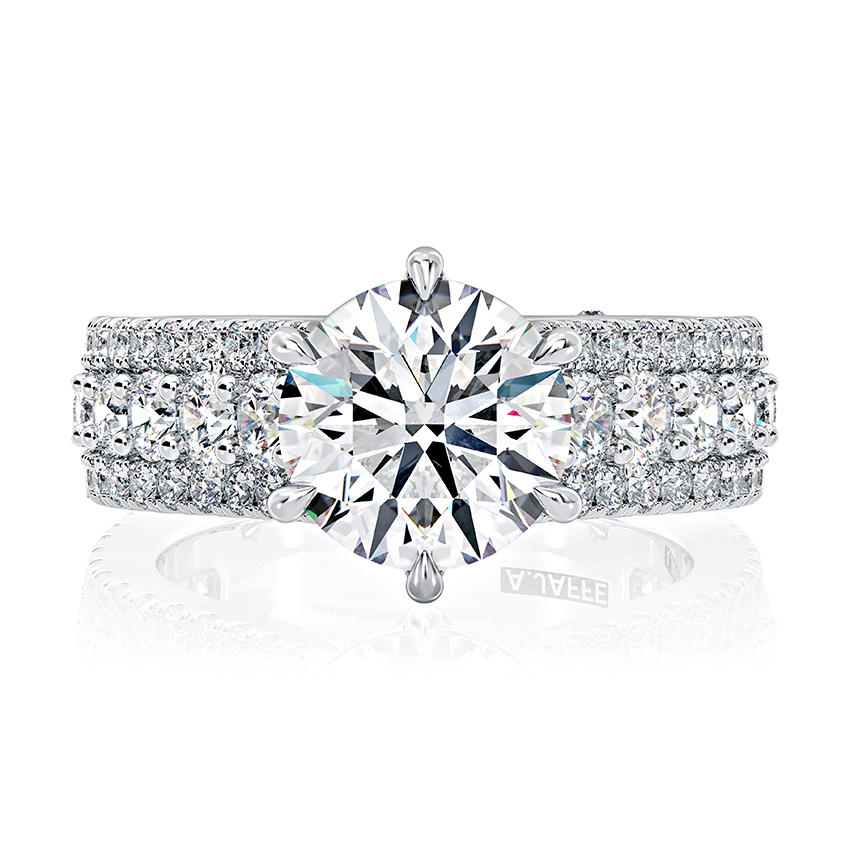 Modern Three Row Diamond Pave Engagement Ring
