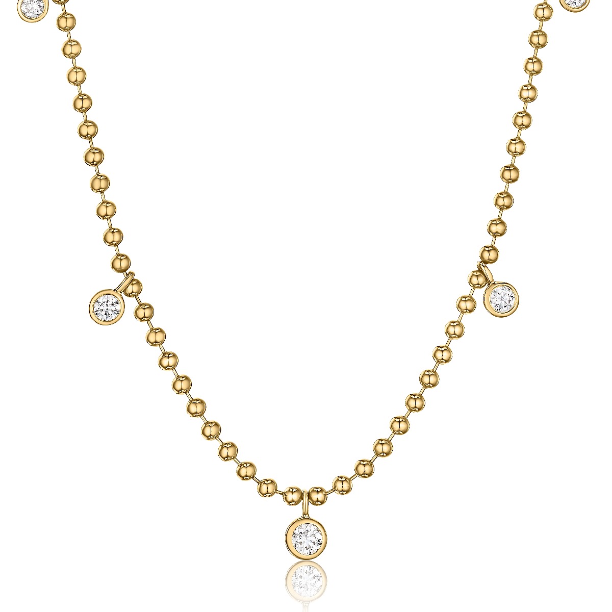 Beaded Gold Chain Necklace with Floating Bezel Round Diamond Motifs