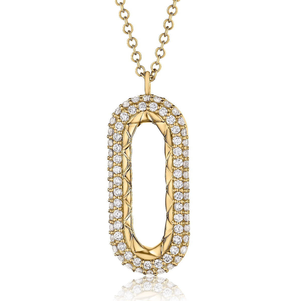 Diamond Studded Paper Clip Pendant with Quilted Interior and Chain Necklace