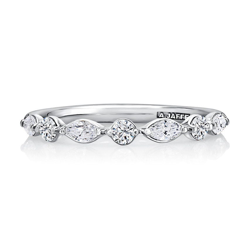 Delicate Halfway Alternating Round and Marquise Diamond Wedding Band
