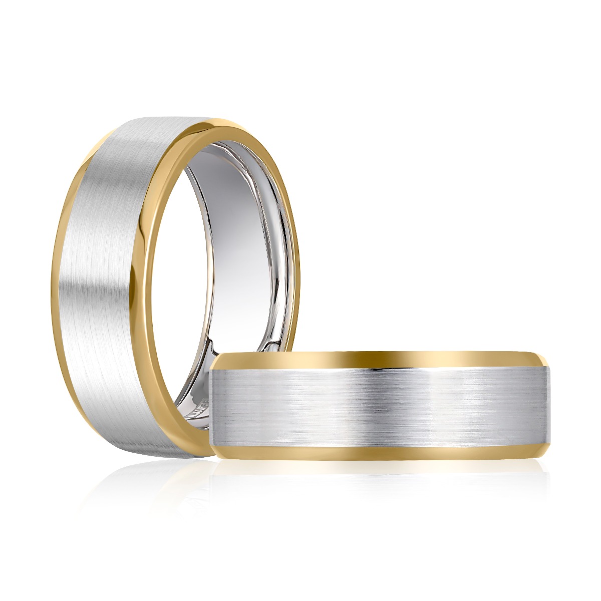 Two Tone 8mm White Gold Satin Band with Yellow Gold High Polish Beveled Edges